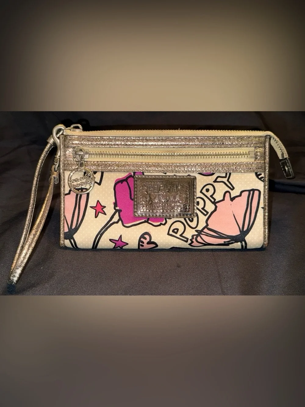 Coach Poppy Metallic Gold Floral Pop Wristlet - Pink & Light Pink